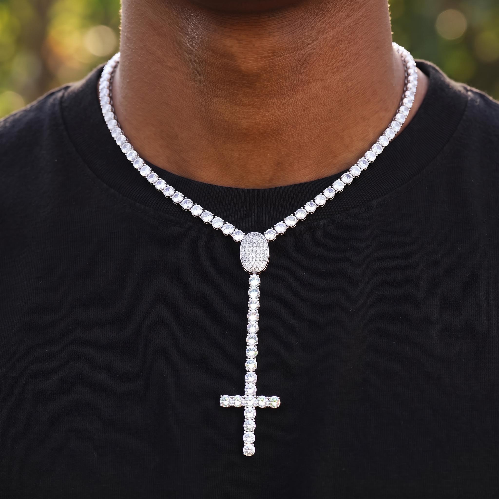 925 Silver & VVS1 Moissanite Cross Rosary Tennis Chain 925 Silver & VVS1 Moissanite Cross Rosary Tennis Chain