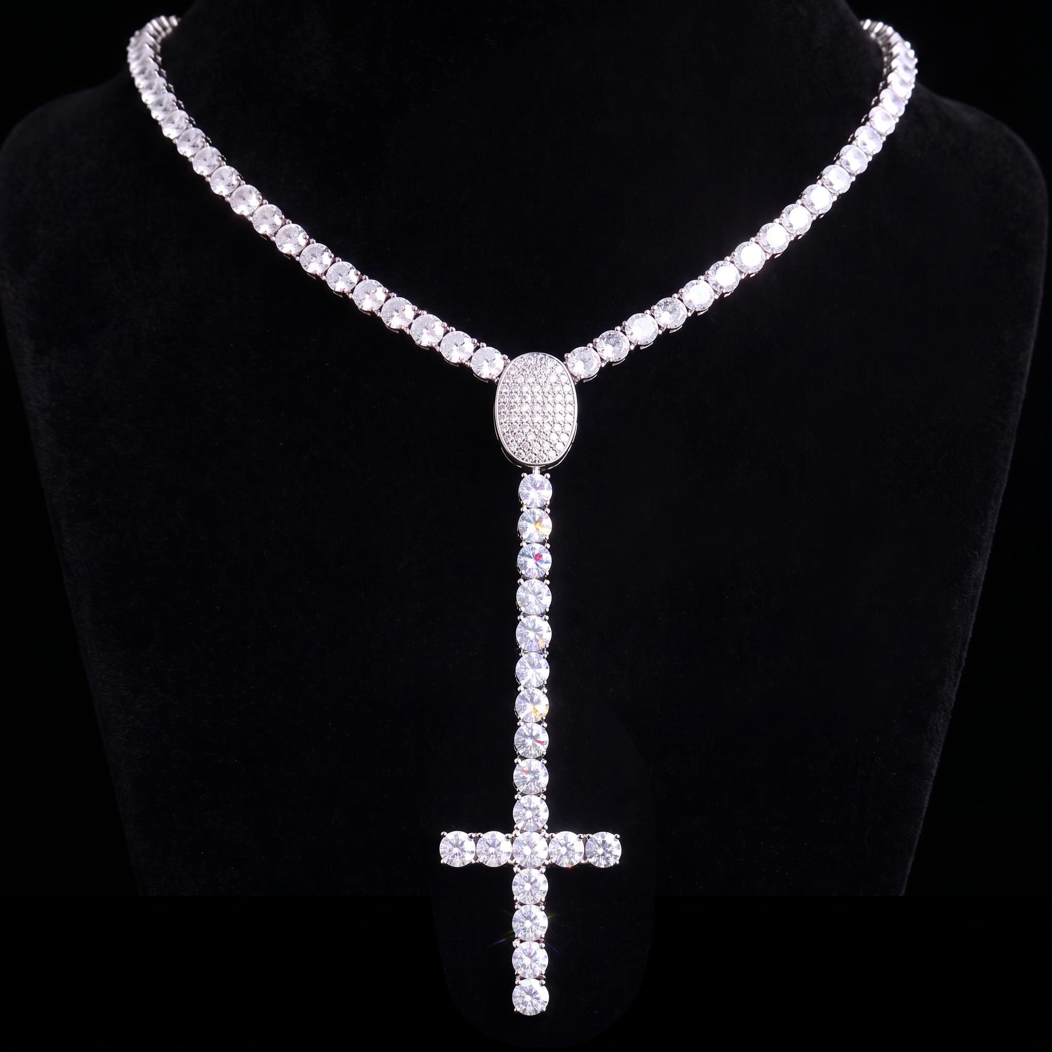 925 Silver & VVS1 Moissanite Cross Rosary Tennis Chain 925 Silver & VVS1 Moissanite Cross Rosary Tennis Chain