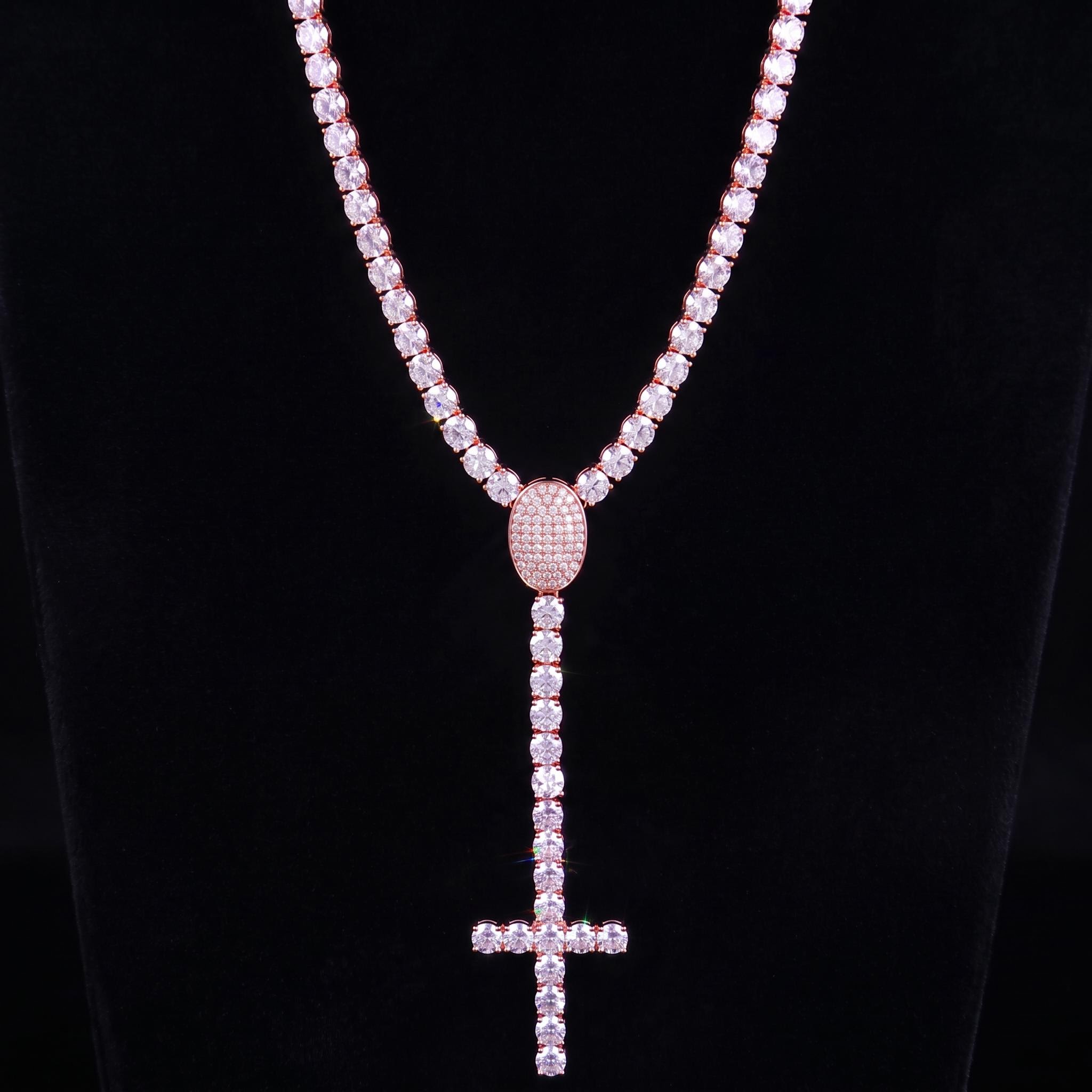 925 Silver & VVS1 Moissanite Cross Rosary Tennis Chain 925 Silver & VVS1 Moissanite Cross Rosary Tennis Chain