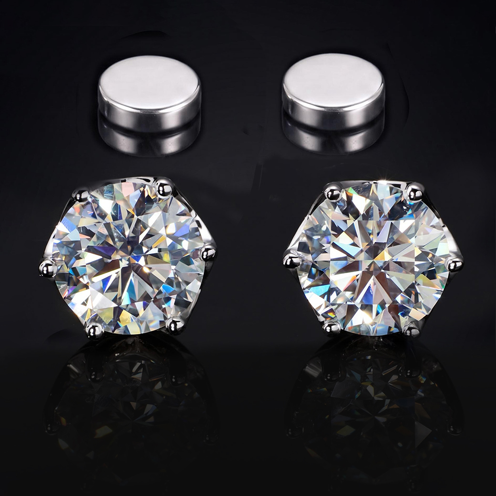 925 Silver & VVS1 Moissanite Magnetic Solitaire Stud Earrings