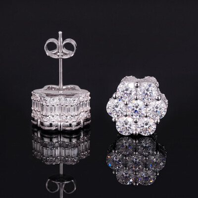 925 Silver & VVS1 Moissanite Side-set Baguette Cut Cluster Stud Earrings