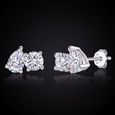925 Silver & VVS1 Moissanite Pear & Round Cut Stud Earrings