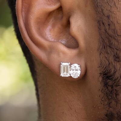 925 Silver & VVS1 Moissanite Oval & Emerald Cut Stud Earrings
