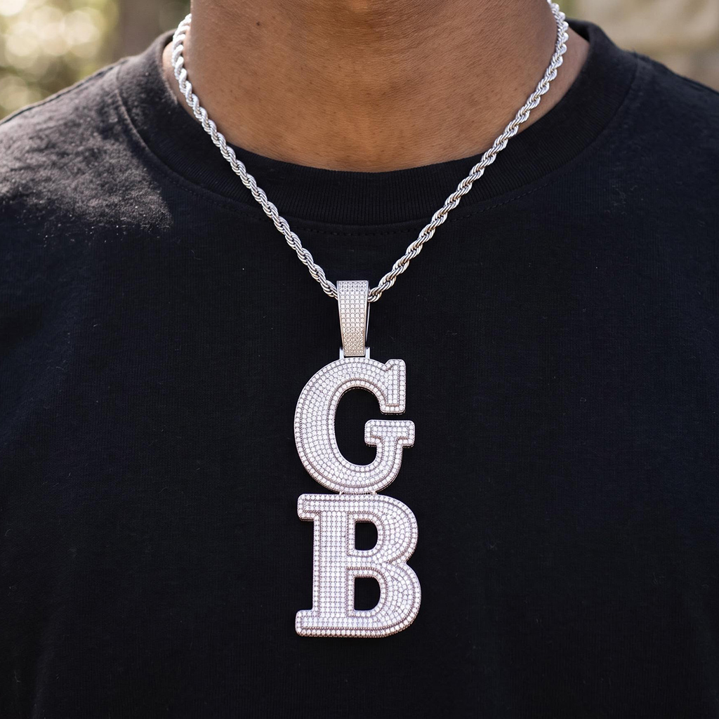 Iced Out Custom Double Layer Vertical Letter Pendant Iced Out Custom Double Layer Vertical Letter Pendant