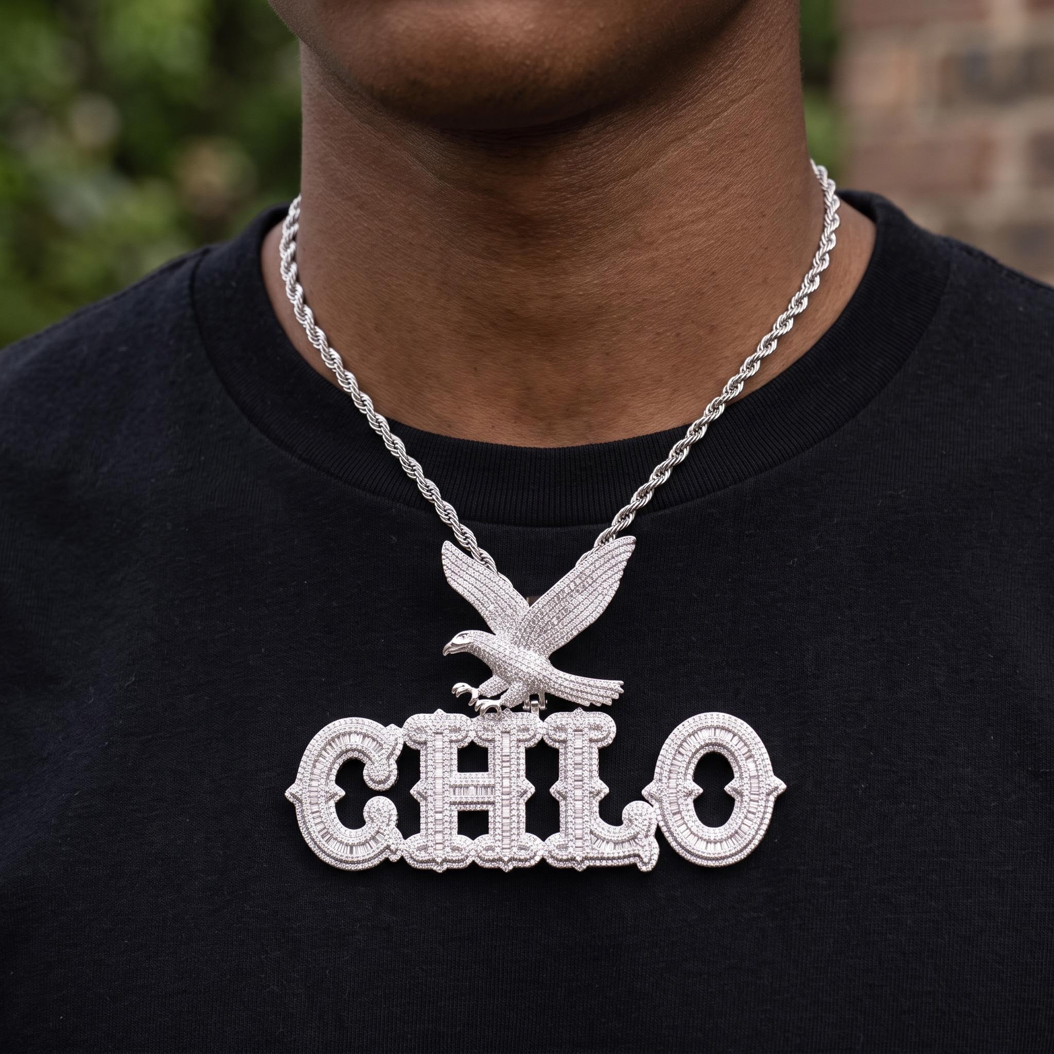 Iced Out Eagle Custom Thorns Baguette Letters Pendant Iced Out Eagle Custom Thorns Baguette Letters Pendant