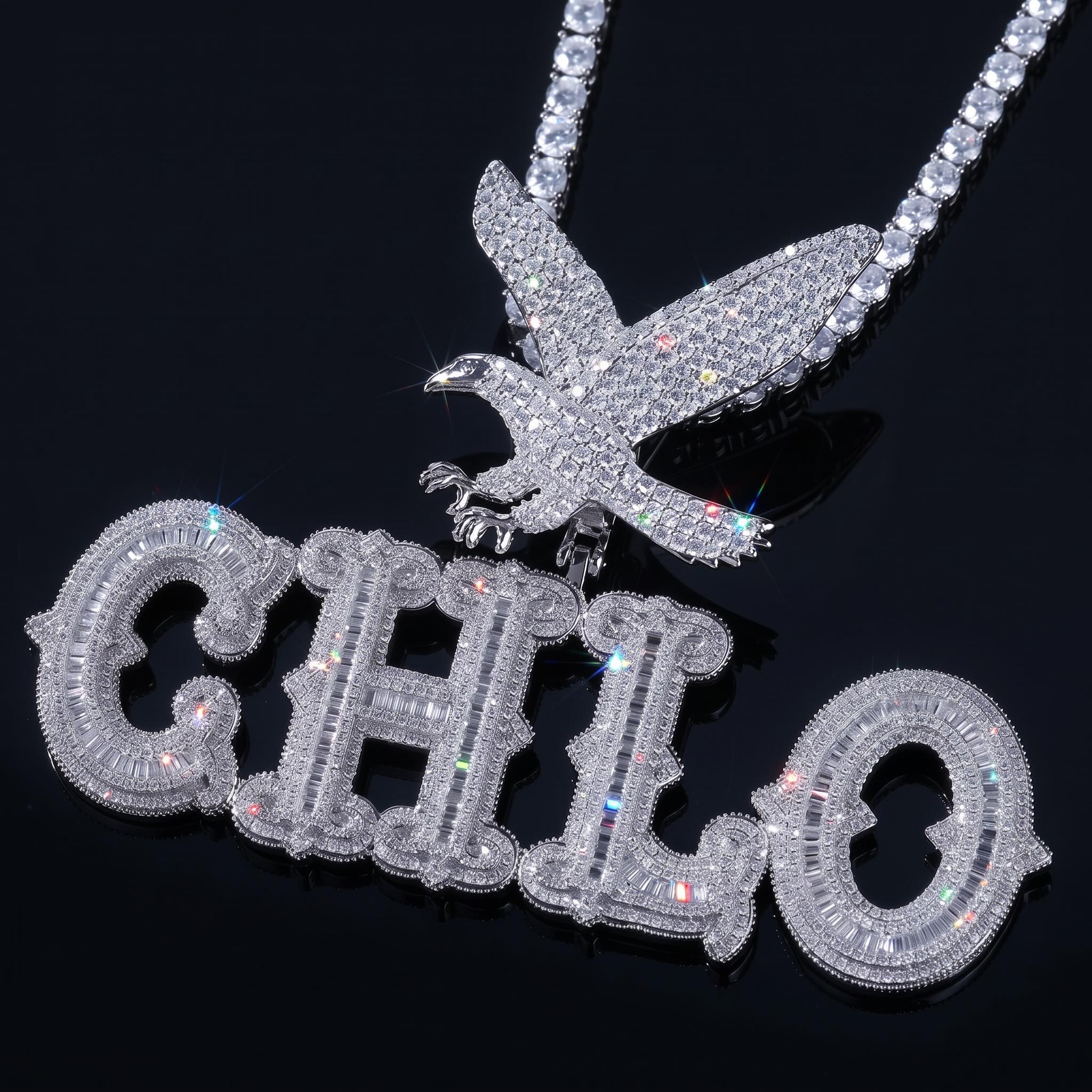 Iced Out Eagle Custom Thorns Baguette Letters Pendant Iced Out Eagle Custom Thorns Baguette Letters Pendant