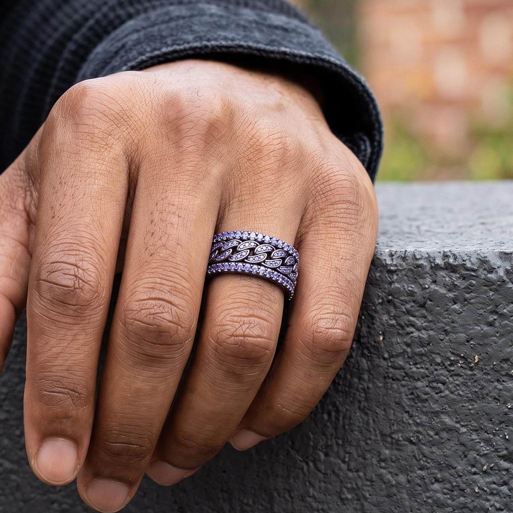 Iced Out Purple Cuban Link Spinner Ring