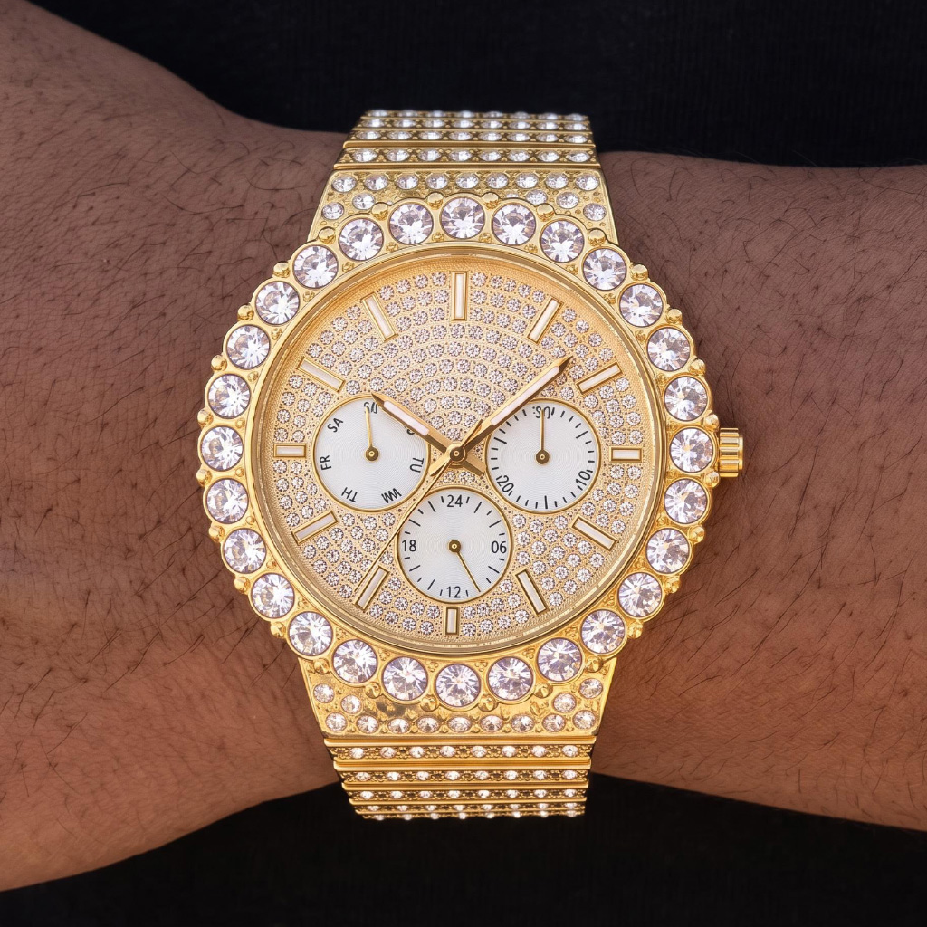 Iced Out Round Cut Luminous Men's Watch in Gold Iced Out Round Cut Luminous Men's Watch in Gold