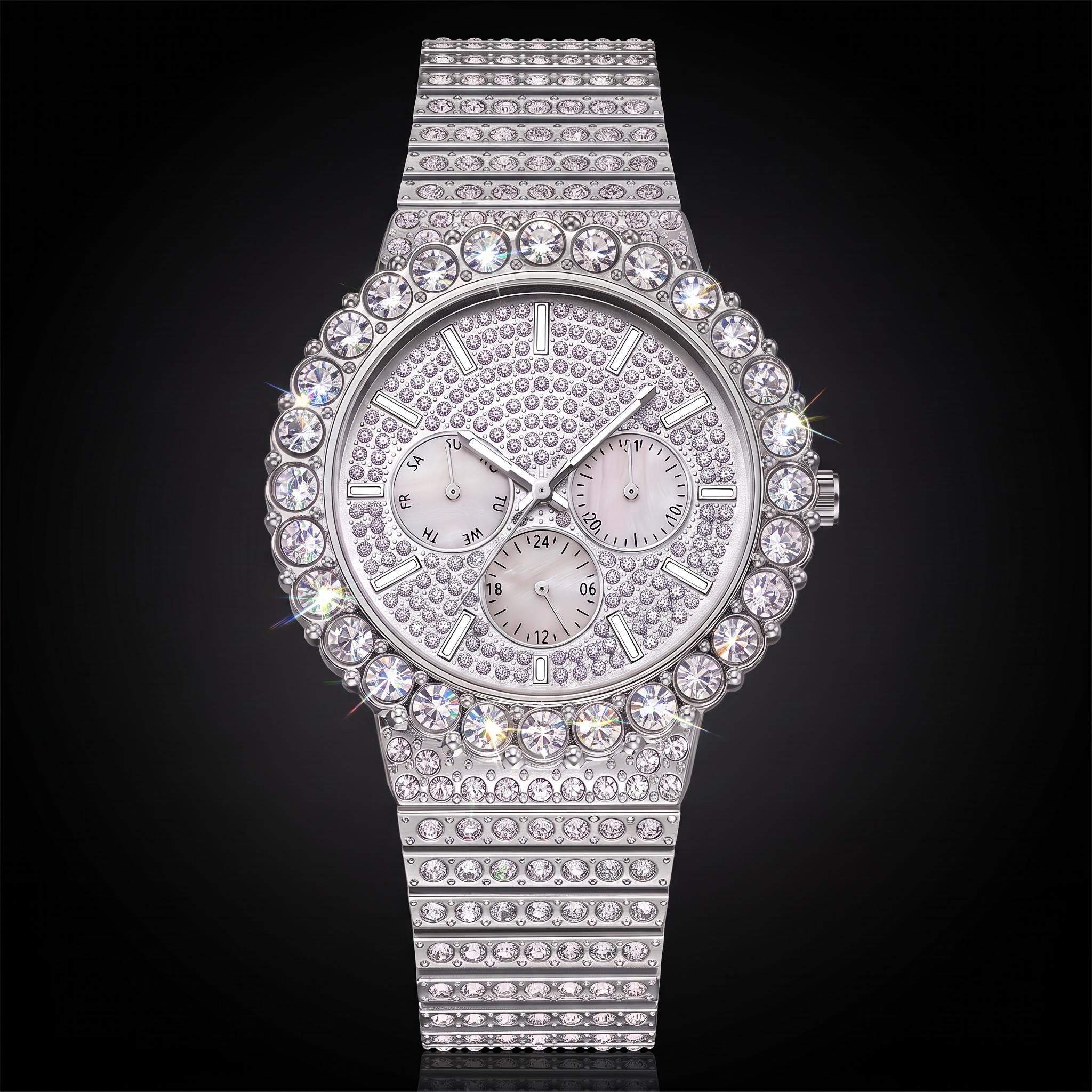 Iced Out Round Cut Luminous Men's Watch in White Gold