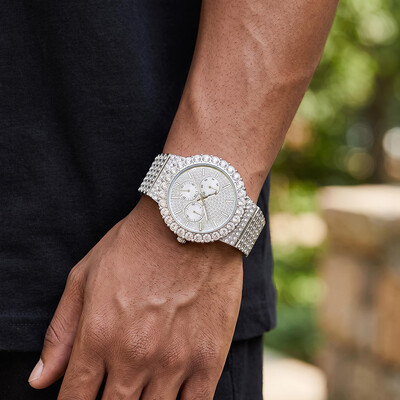 Iced Out Round Cut Luminous Men's Watch in White Gold