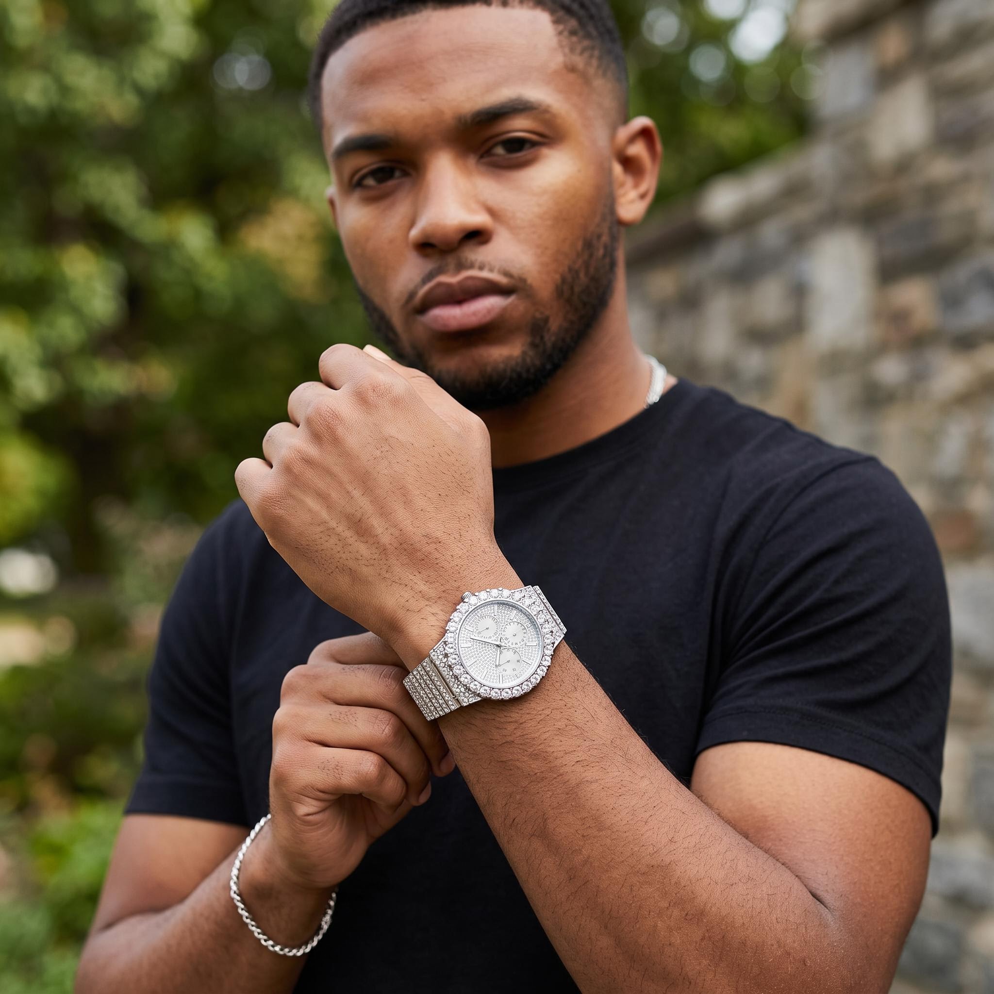 Iced Out Round Cut Luminous Men's Watch in White Gold