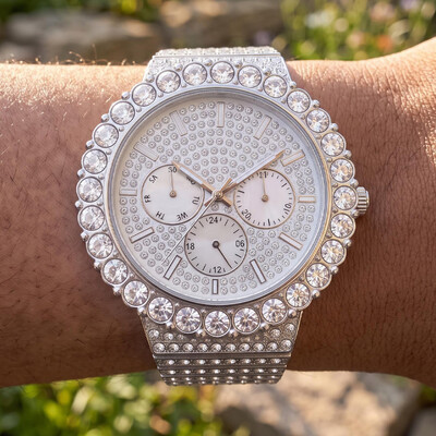 Iced Out Round Cut Luminous Men's Watch in White Gold