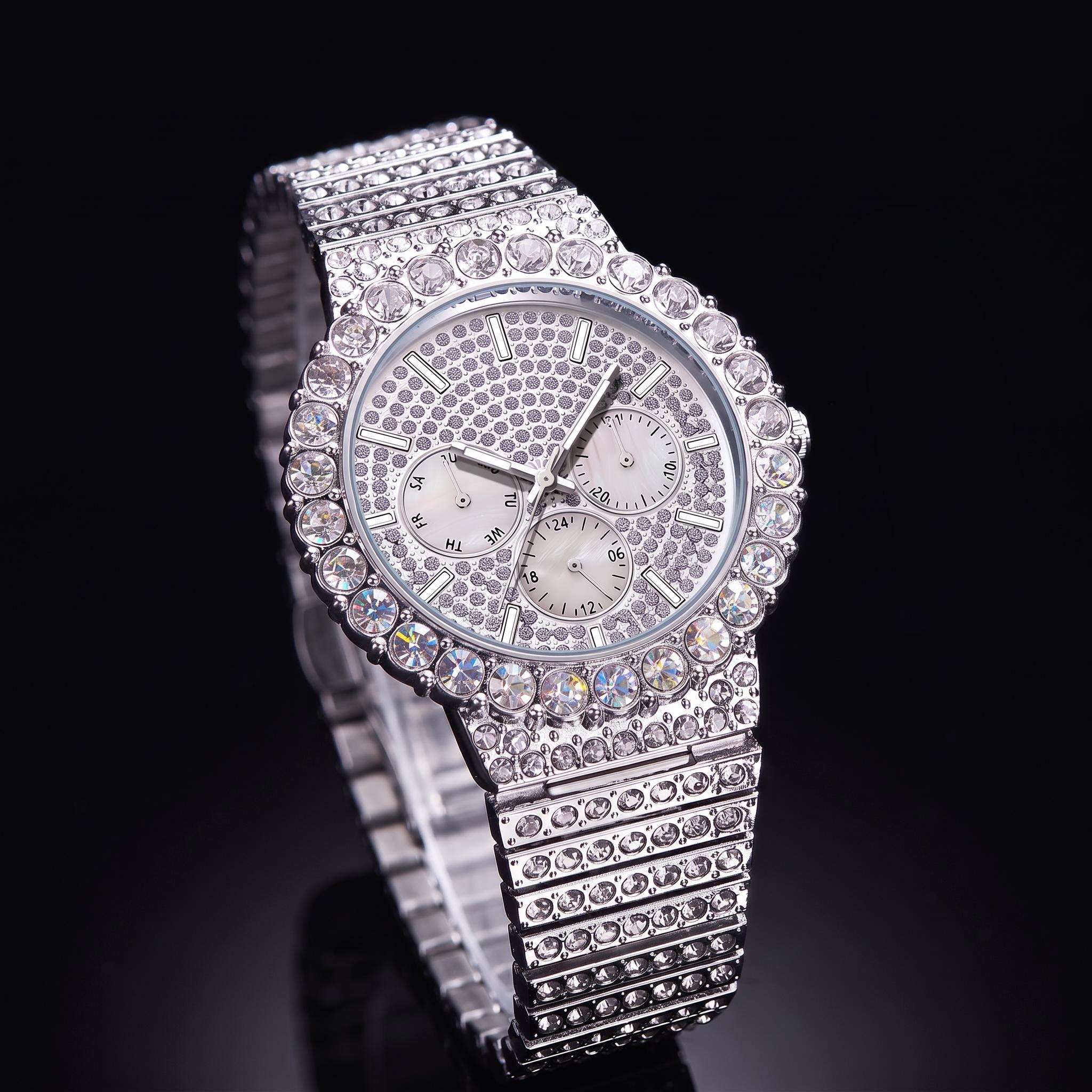 Iced Out Round Cut Luminous Men's Watch in White Gold