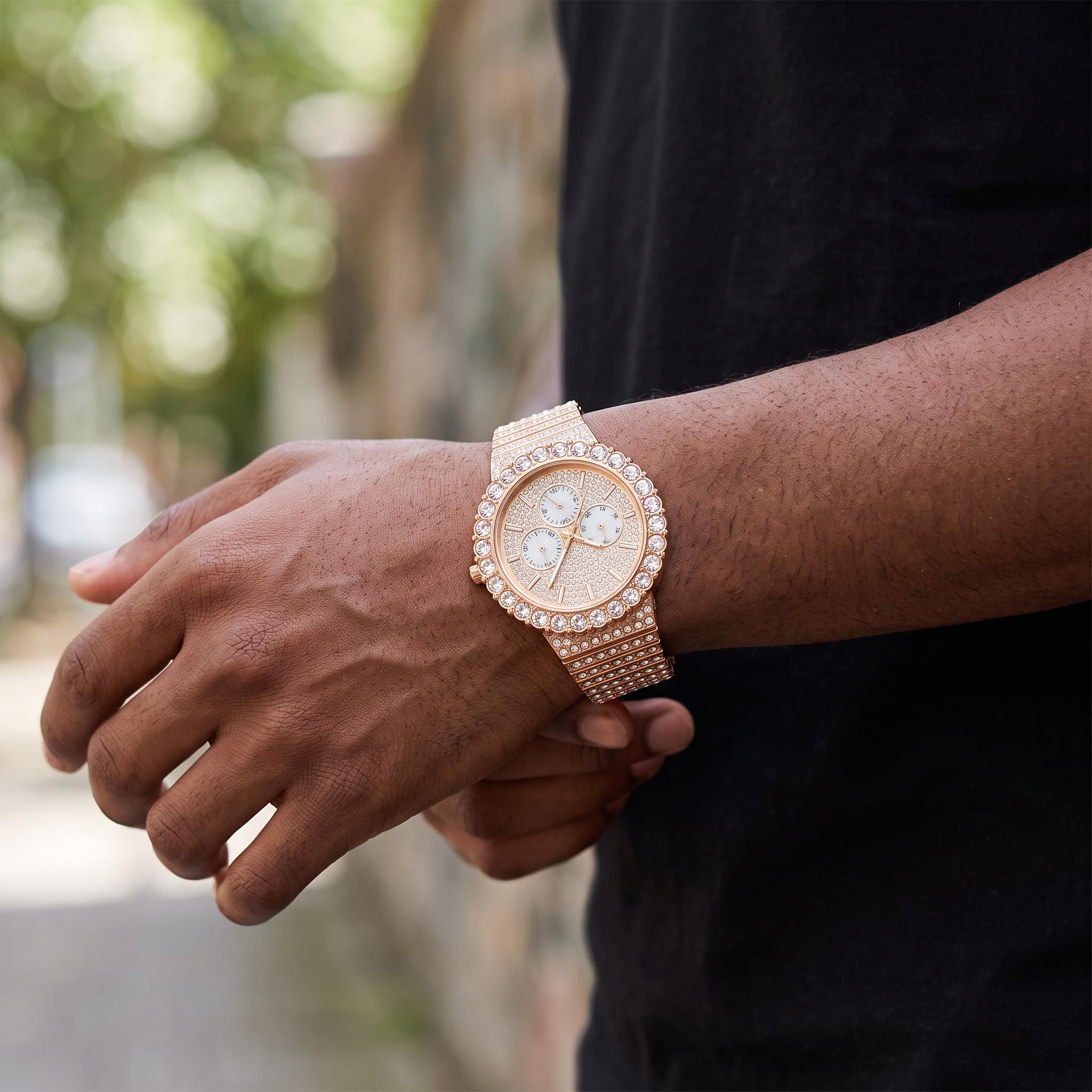 Iced Out Round Cut Luminous Men's Watch in Rose Gold Iced Out Round Cut Luminous Men's Watch in Rose Gold