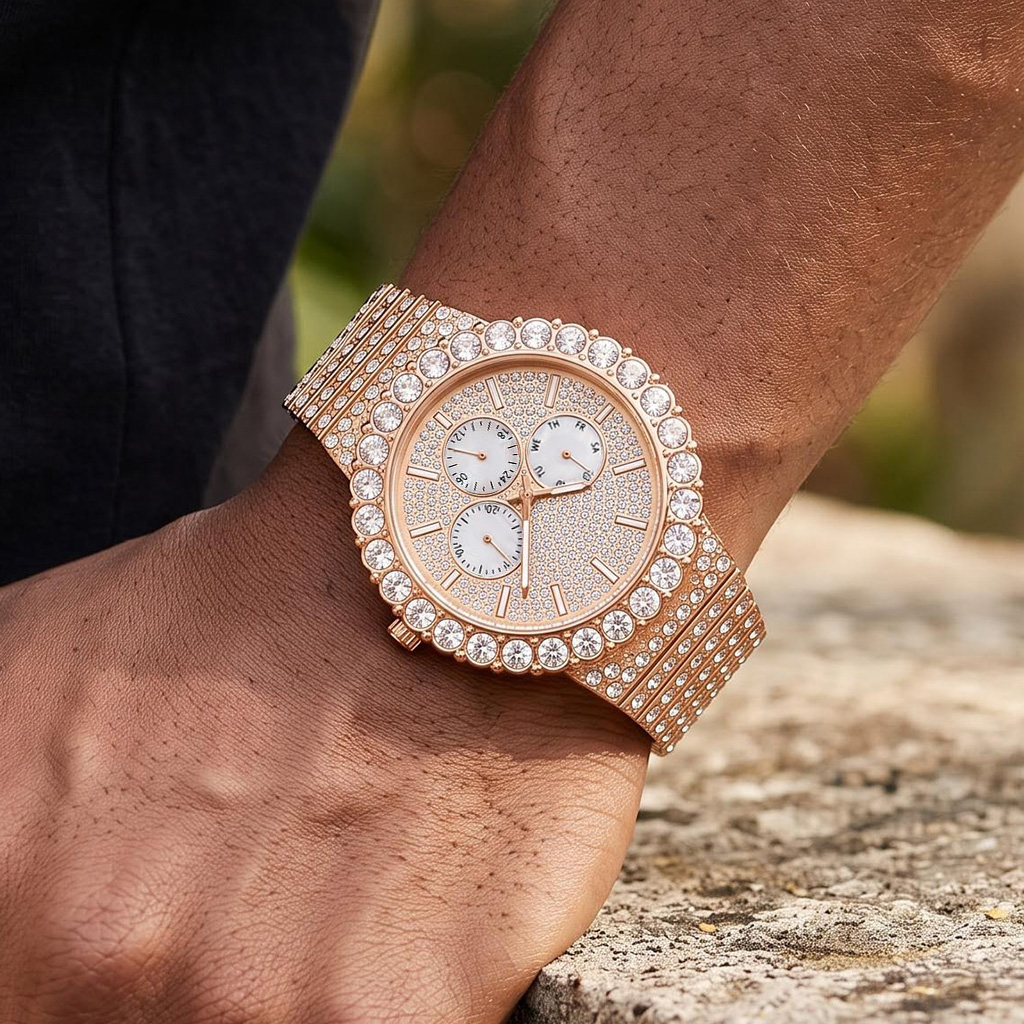 Iced Out Round Cut Luminous Men's Watch in Rose Gold Iced Out Round Cut Luminous Men's Watch in Rose Gold