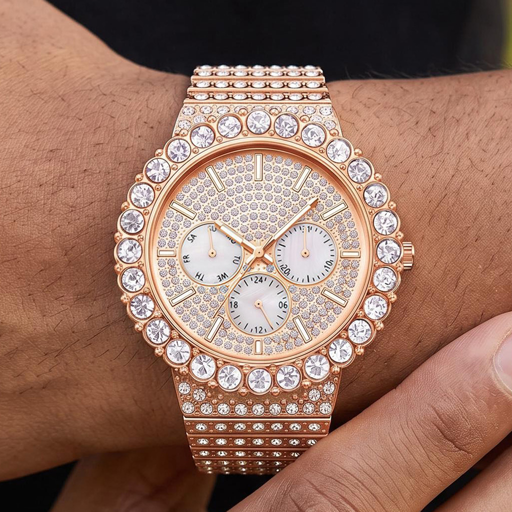 Iced Out Round Cut Luminous Men's Watch in Rose Gold Iced Out Round Cut Luminous Men's Watch in Rose Gold