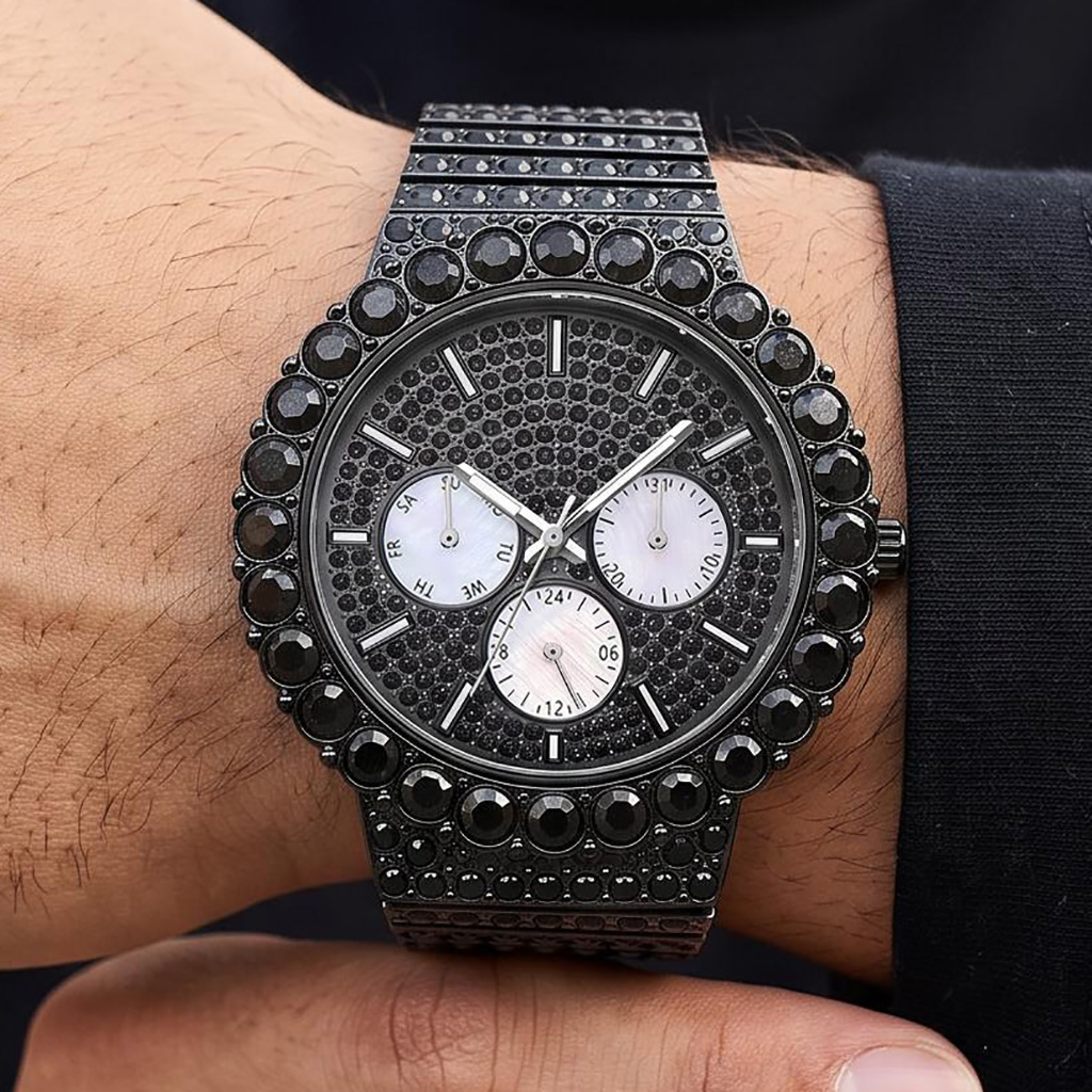 Iced Out Round Cut Luminous Men's Watch in Black Iced Out Round Cut Luminous Men's Watch in Black
