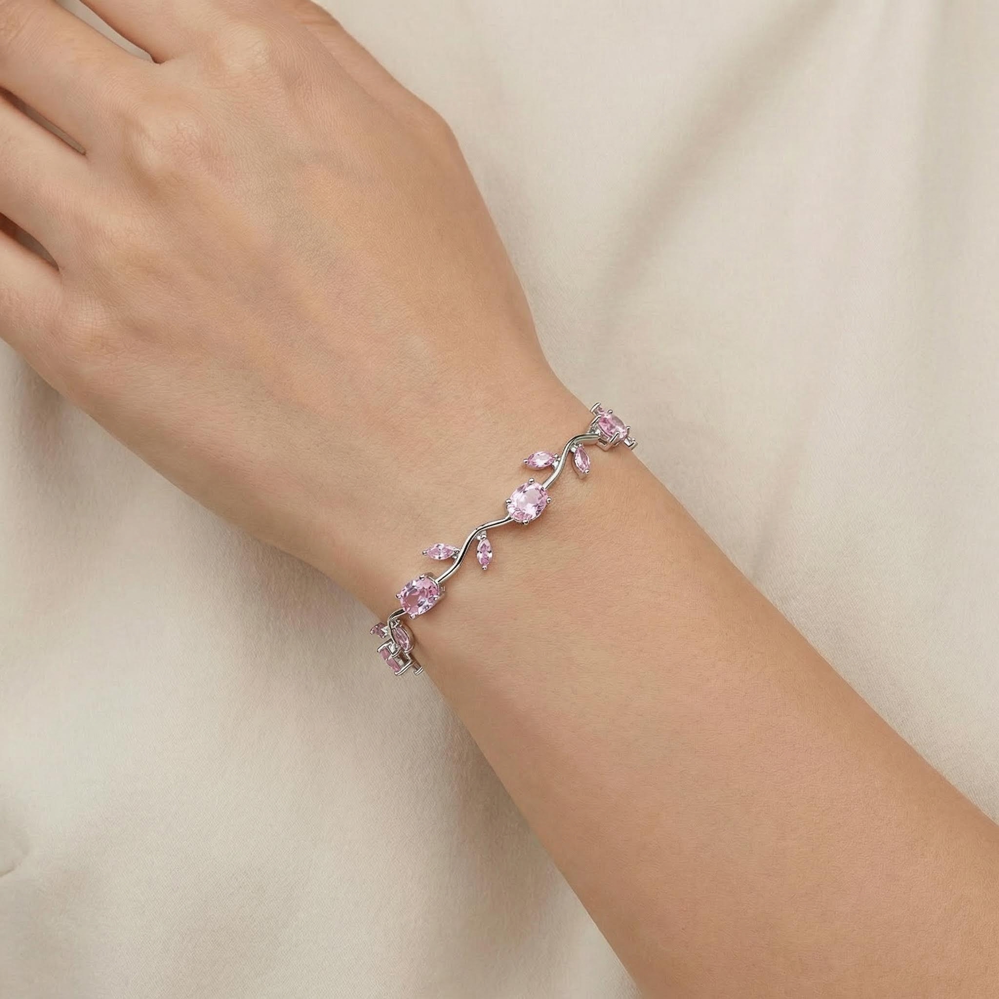 1.2ct CTW Vine-Inspired Pink Oval Cut & Marquise Cut S925 Silver Bracelet 1.2ct CTW Vine-Inspired Pink Oval Cut & Marquise Cut S925 Silver Bracelet