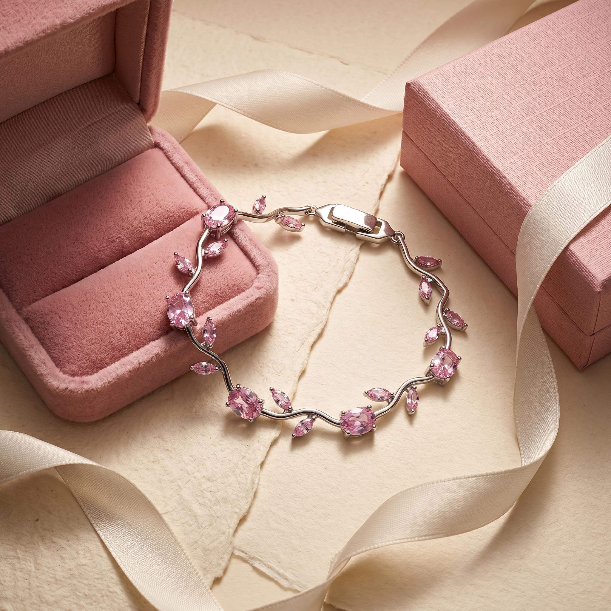 8.96ct. tw. Vine-Inspired Pink Oval Cut & Marquise Cut S925 Silver Bracelet 8.96ct. tw. Vine-Inspired Pink Oval Cut & Marquise Cut S925 Silver Bracelet