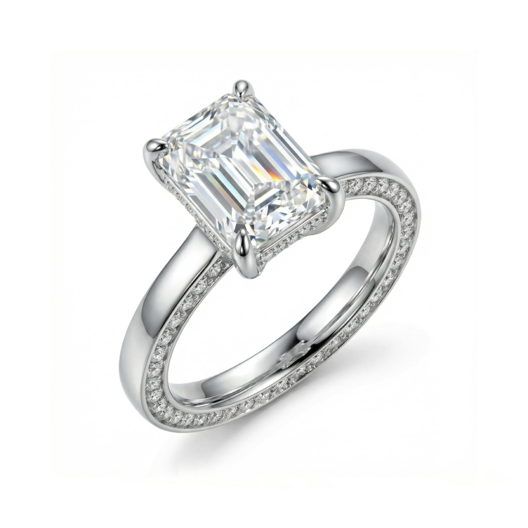 10.96ct CTW Halo-set Emerald Cut VVS Moissanite S925 Silver Engagement Ring
