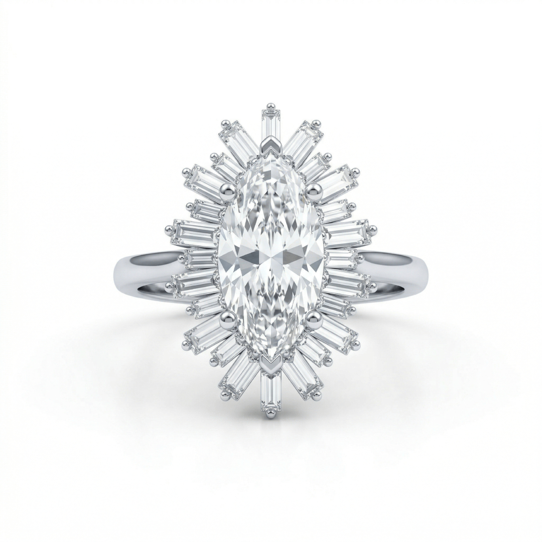 3.2ct CTW Halo-Set Marquise Cut & Baguette Cut VVS Moissanite S925 Silver Engagement Ring 3.2ct CTW Halo-Set Marquise Cut & Baguette Cut VVS Moissanite S925 Silver Engagement Ring