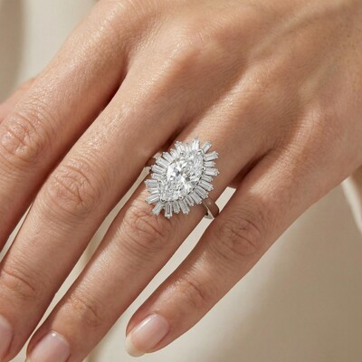 3.2ct. tw. Halo-Set Marquise Cut & Baguette Cut VVS Moissanite S925 Silver Engagement Ring