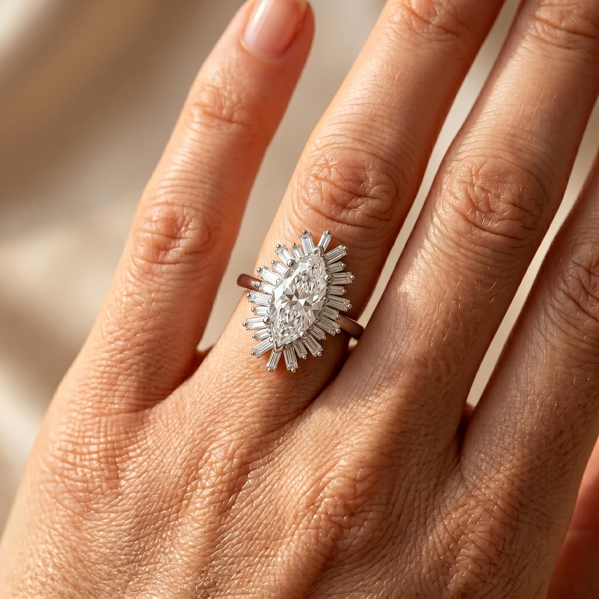 3.2ct. tw. Halo-Set Marquise Cut & Baguette Cut VVS Moissanite S925 Silver Engagement Ring 3.2ct. tw. Halo-Set Marquise Cut & Baguette Cut VVS Moissanite S925 Silver Engagement Ring