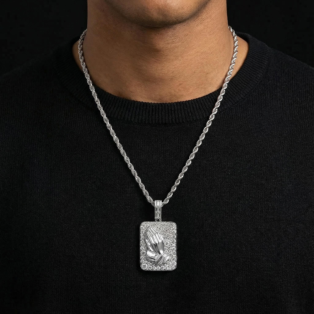 Iced Out Praying Hands Dog Tag Pendant Iced Out Praying Hands Dog Tag Pendant