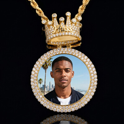 Iced Custom Photo & Name Crown Disc Pendant