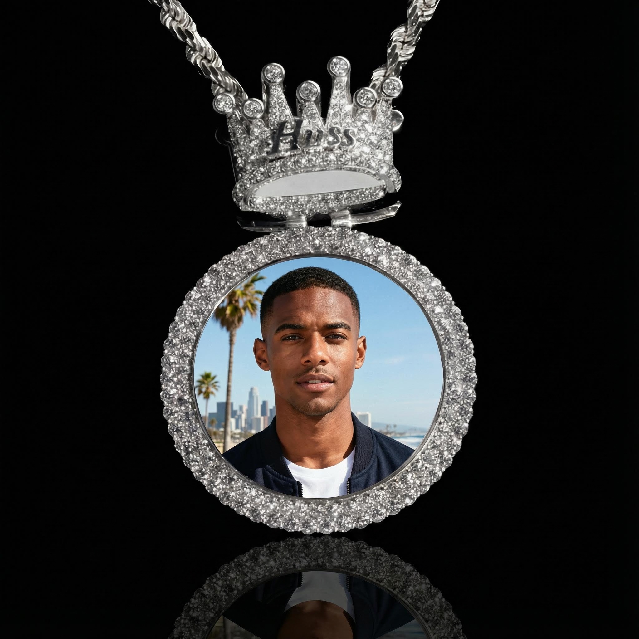 Iced Custom Photo & Name Crown Disc Pendant