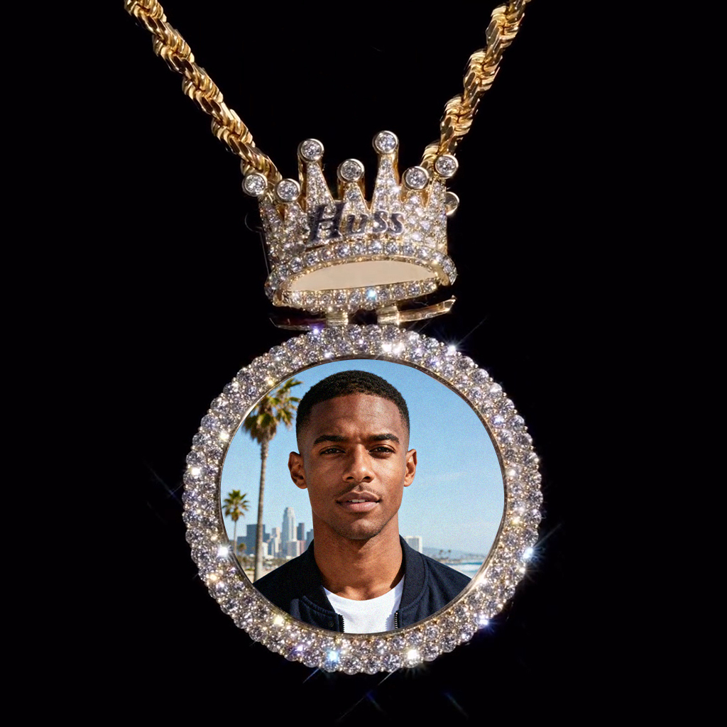 Iced Custom Photo & Name Crown Disc Pendant