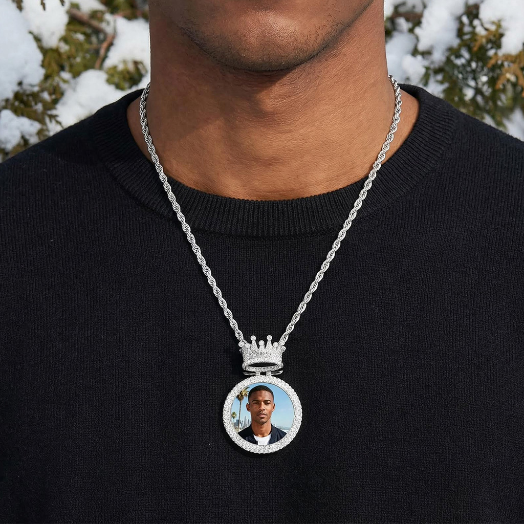 Iced Custom Photo & Name Crown Disc Pendant