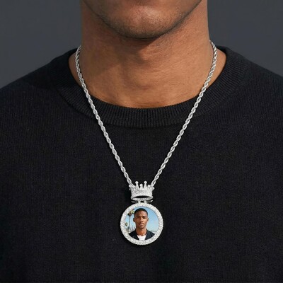 Iced Custom Photo & Name Crown Disc Pendant