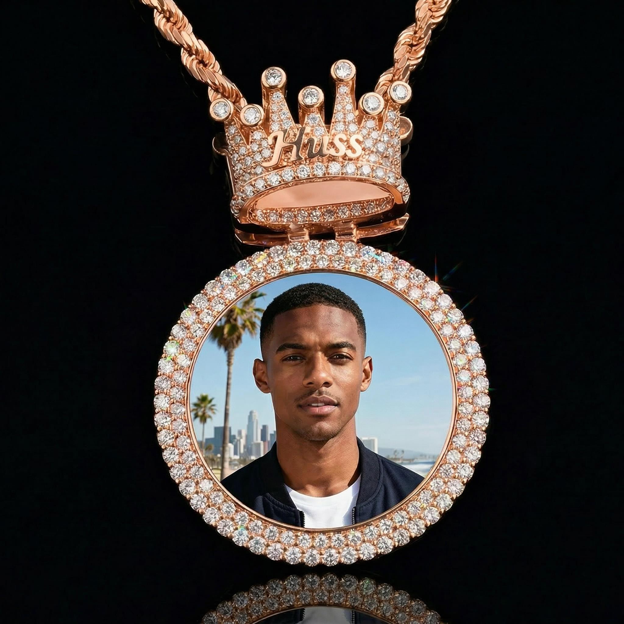 Iced Custom Photo & Name Crown Disc Pendant