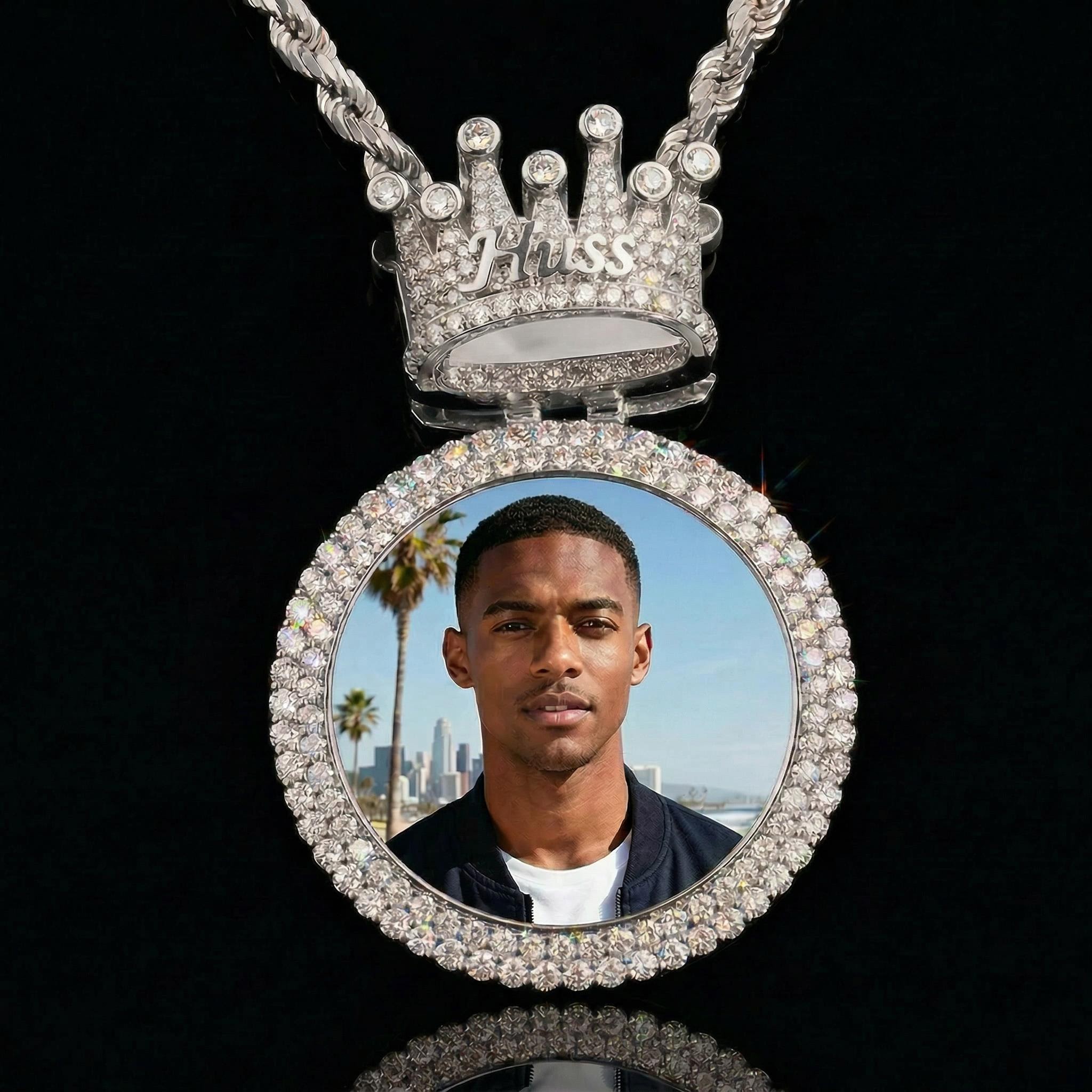Iced Custom Photo & Name Crown Disc Pendant