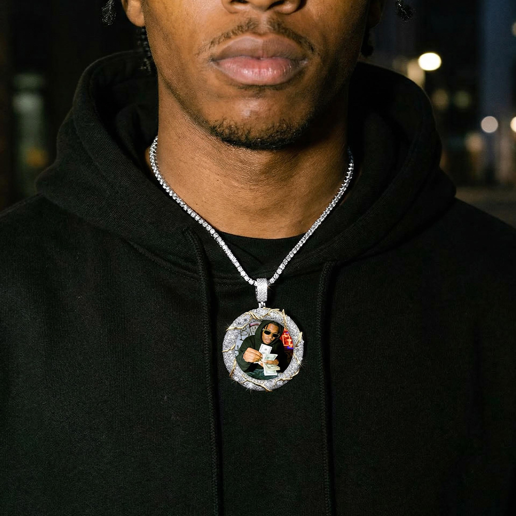 Iced Out Inverted Diamond Thorn Custom Photo Pendant