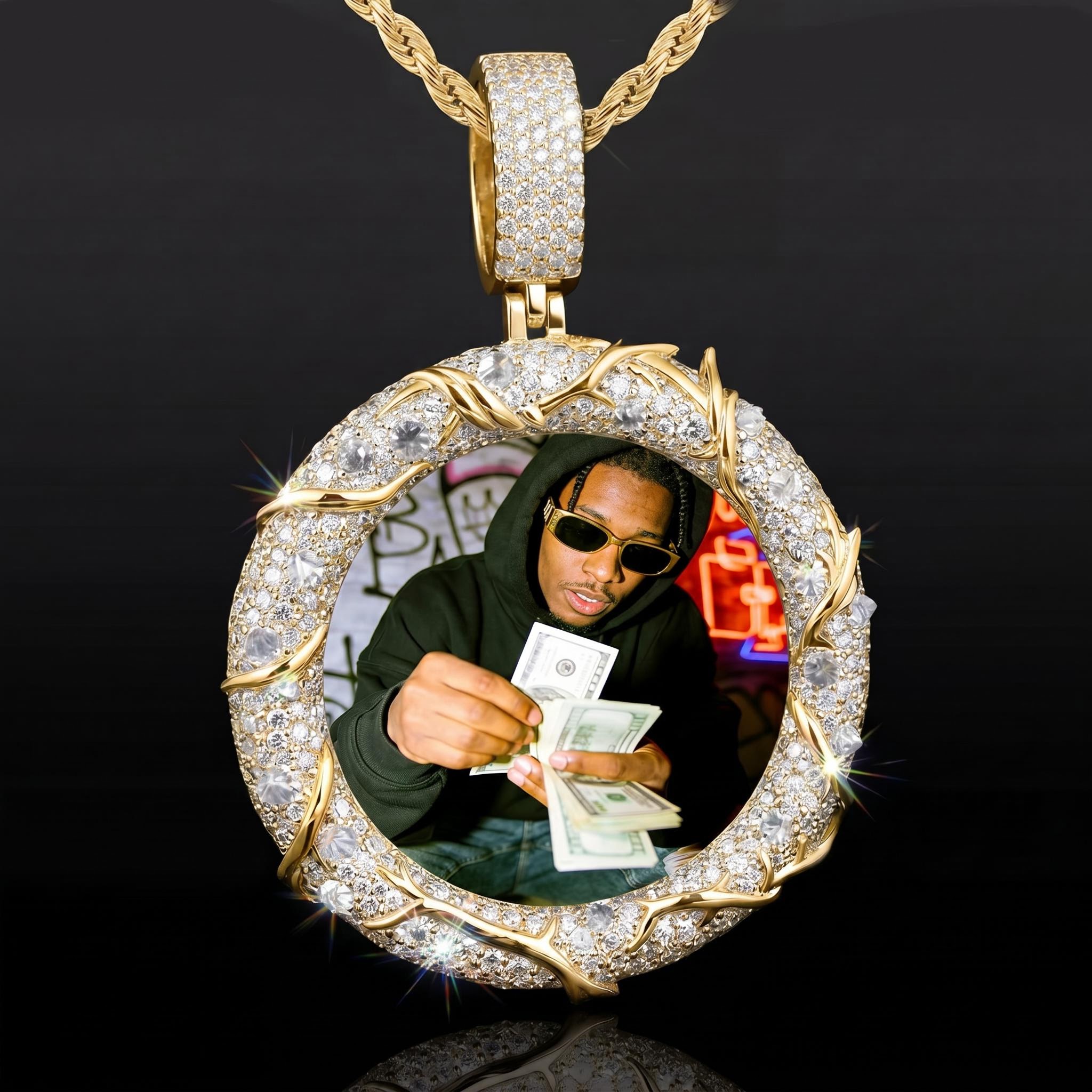 Iced Out Inverted Diamond Thorn Custom Photo Pendant