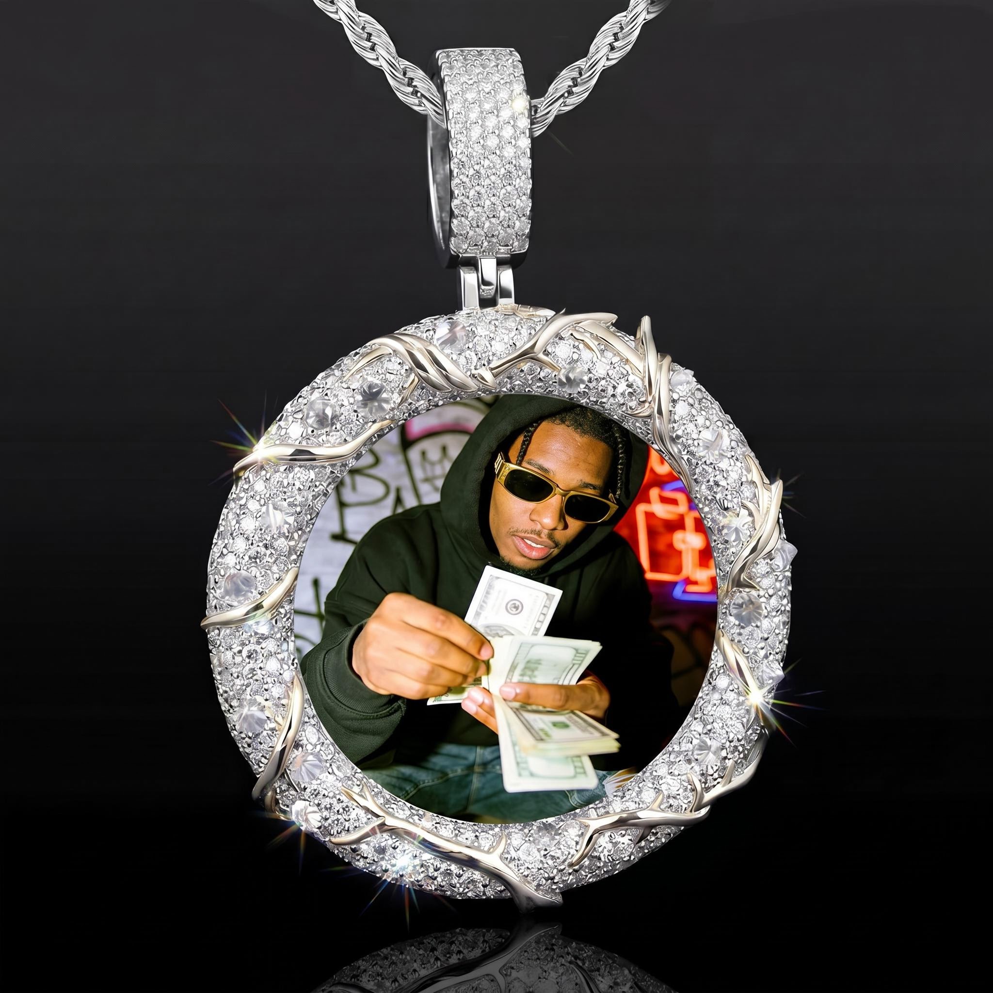 Iced Out Inverted Diamond Thorn Custom Photo Pendant
