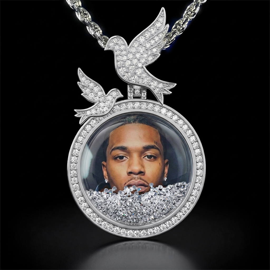 Icy-Filled Peace Dove Disc Custom Photo Pendant