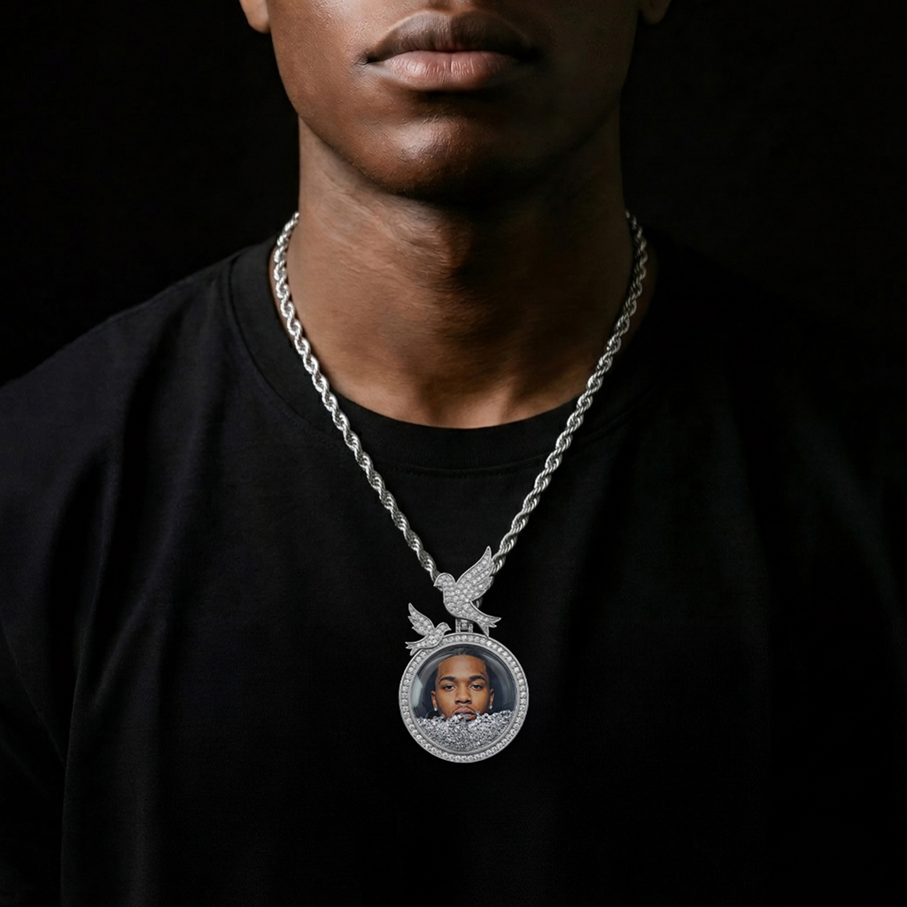 Icy-Filled Peace Dove Disc Custom Photo Pendant