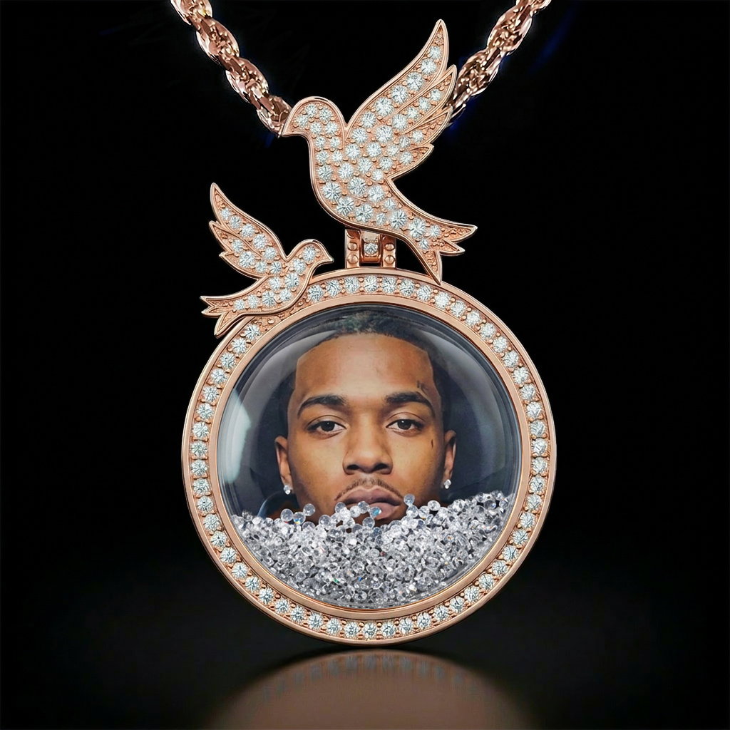 Icy-Filled Peace Dove Disc Custom Photo Pendant