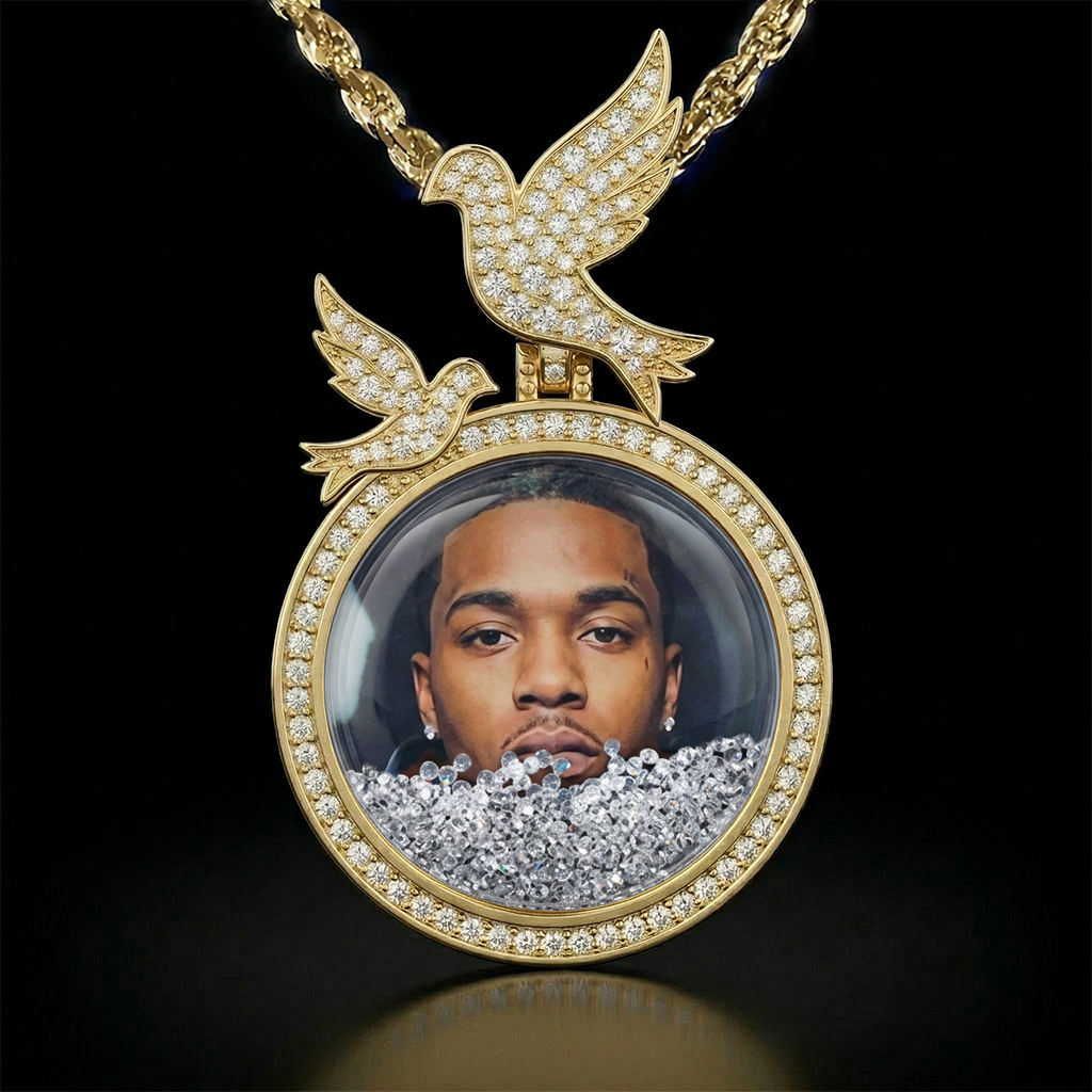 Icy-Filled Peace Dove Disc Custom Photo Pendant
