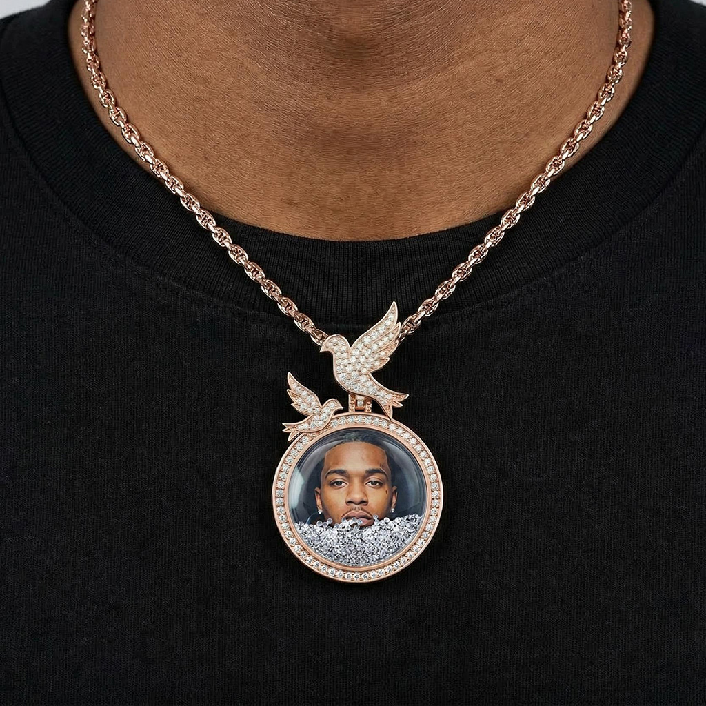 Icy-Filled Peace Dove Disc Custom Photo Pendant