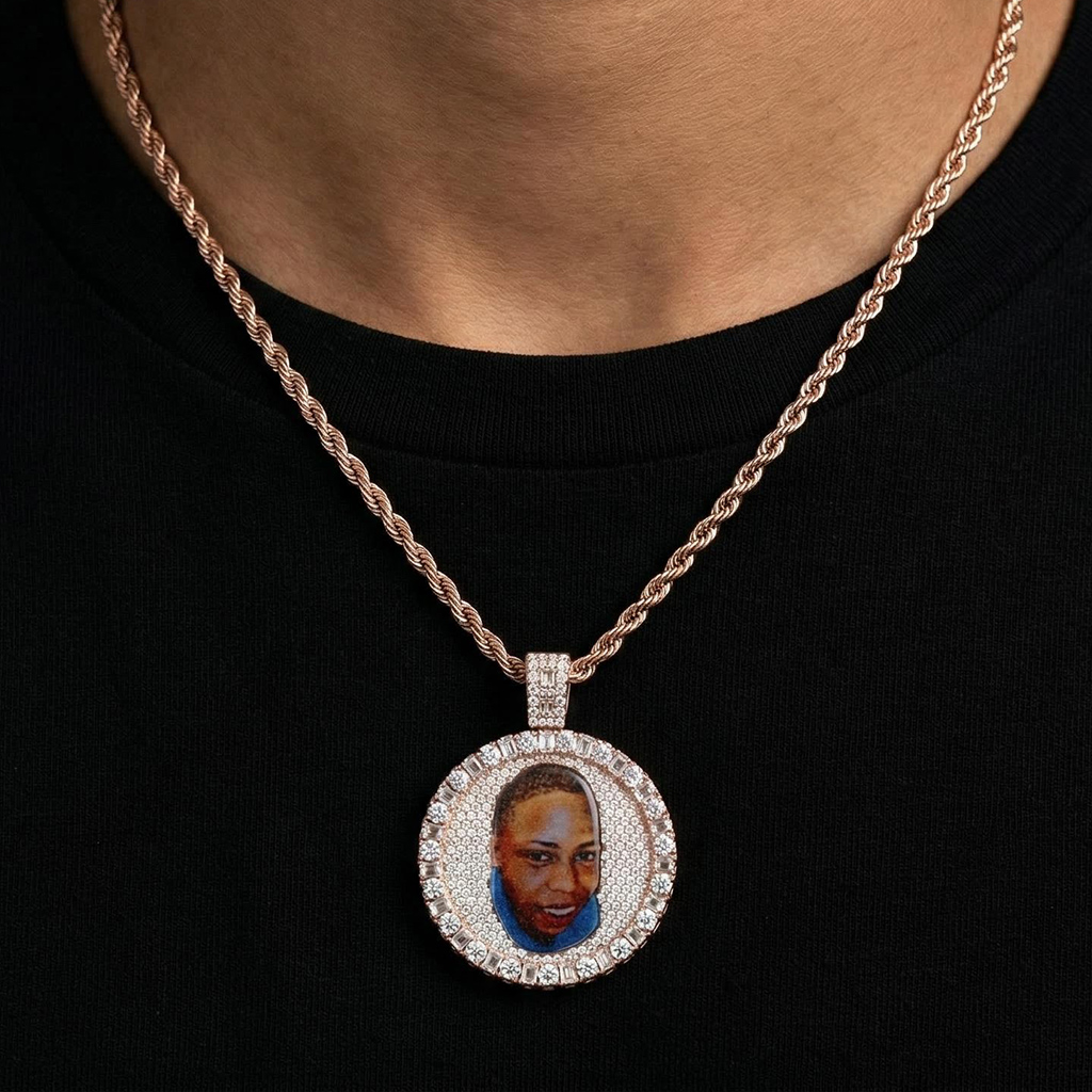 Iced Out Baguette & Round Cut Custom Photo Pendant Iced Out Baguette & Round Cut Custom Photo Pendant