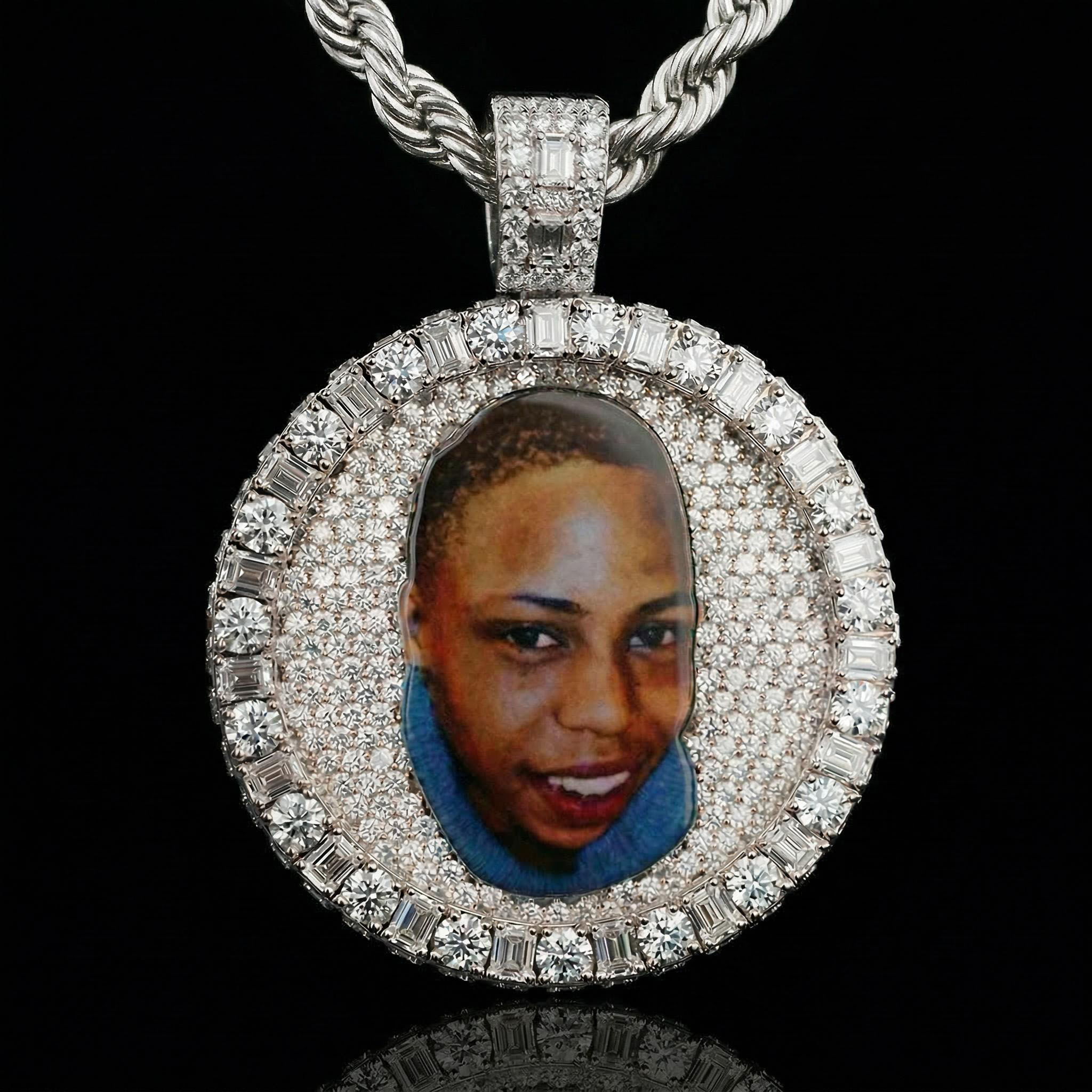 Iced Out Baguette & Round Cut Custom Photo Pendant Iced Out Baguette & Round Cut Custom Photo Pendant