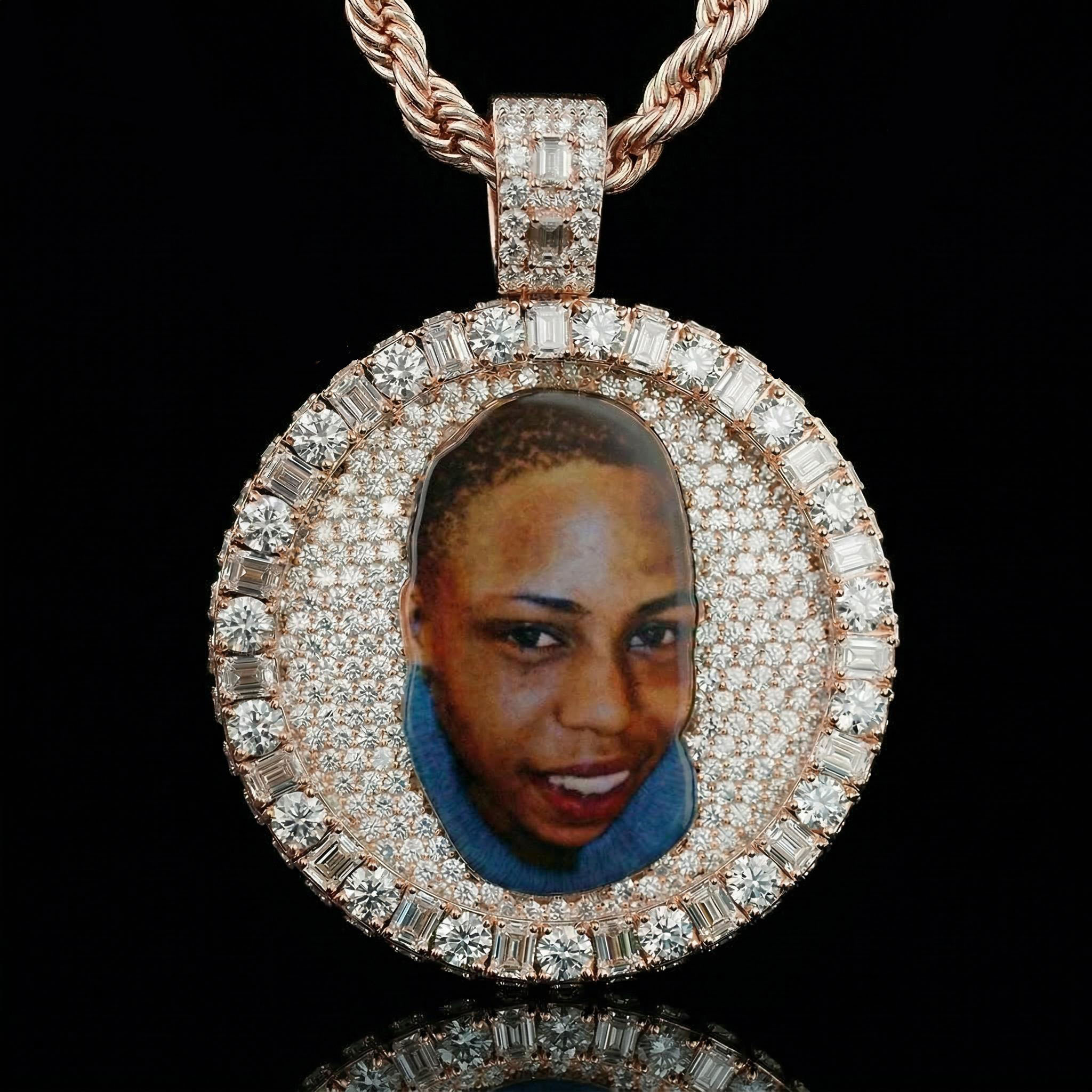 Iced Out Baguette & Round Cut Custom Photo Pendant Iced Out Baguette & Round Cut Custom Photo Pendant