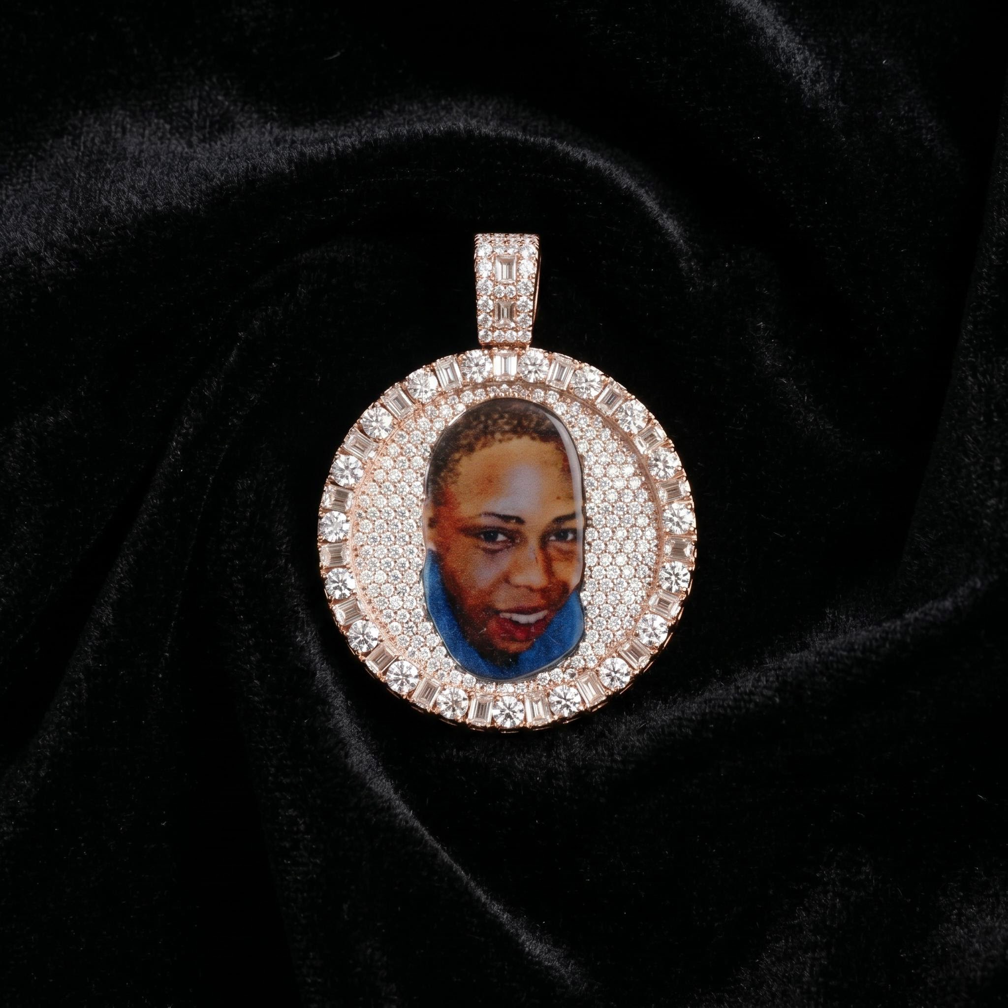 Iced Out Baguette & Round Cut Custom Photo Pendant Iced Out Baguette & Round Cut Custom Photo Pendant