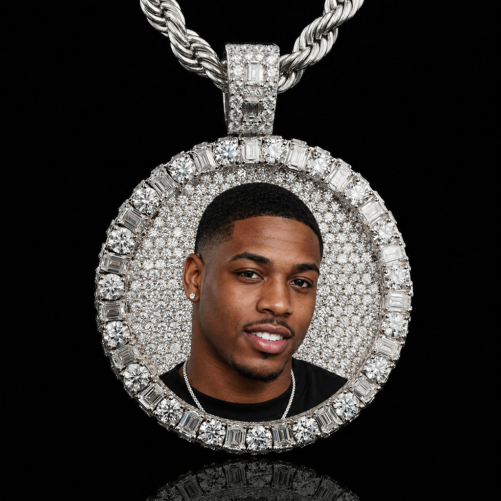 Iced Out Baguette & Round Cut Custom Photo Pendant