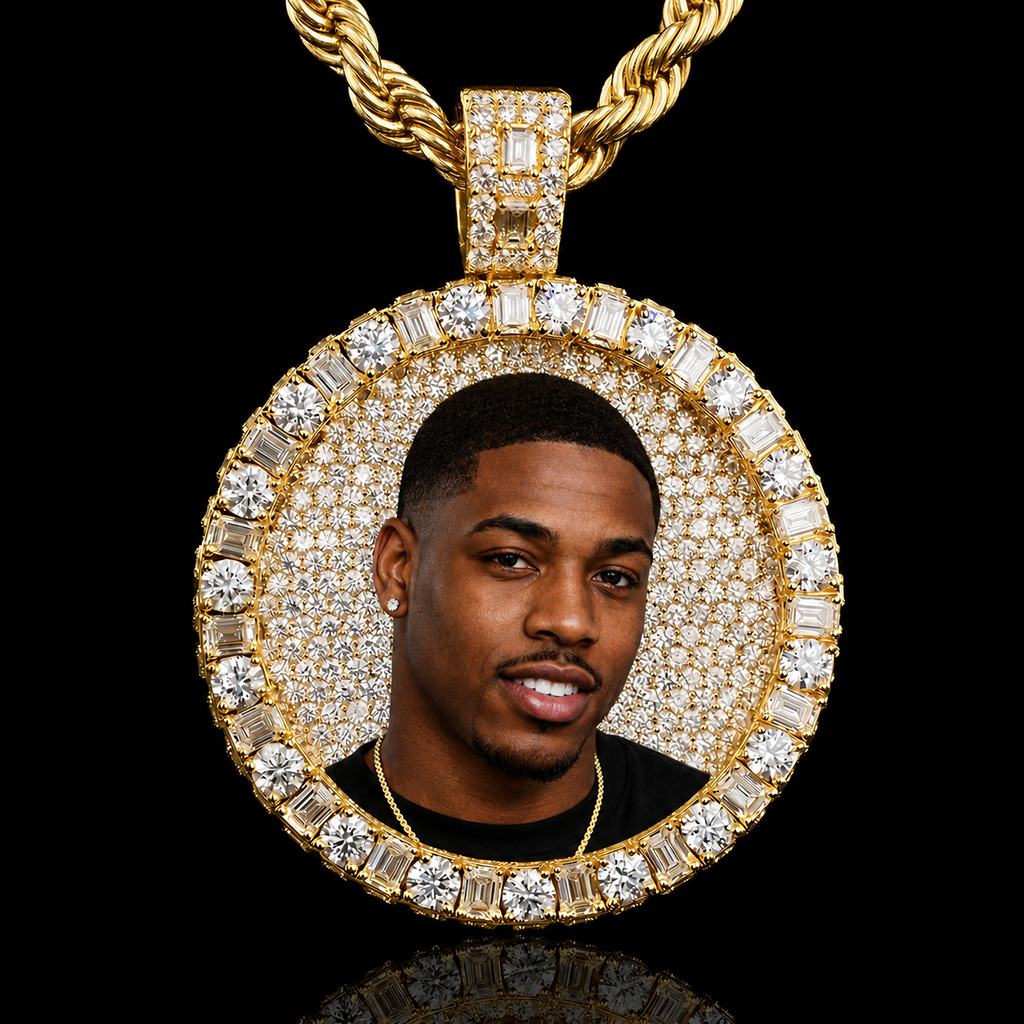 Iced Out Baguette & Round Cut Custom Photo Pendant