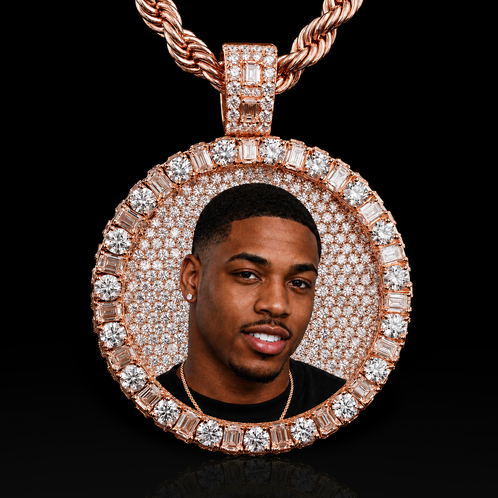 Iced Out Baguette & Round Cut Custom Photo Pendant